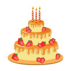 Elegant birthday cake vector illustration. Cake with Strawberry decor and candles isolated on white background. Pastry, party, bakery, dessert concept