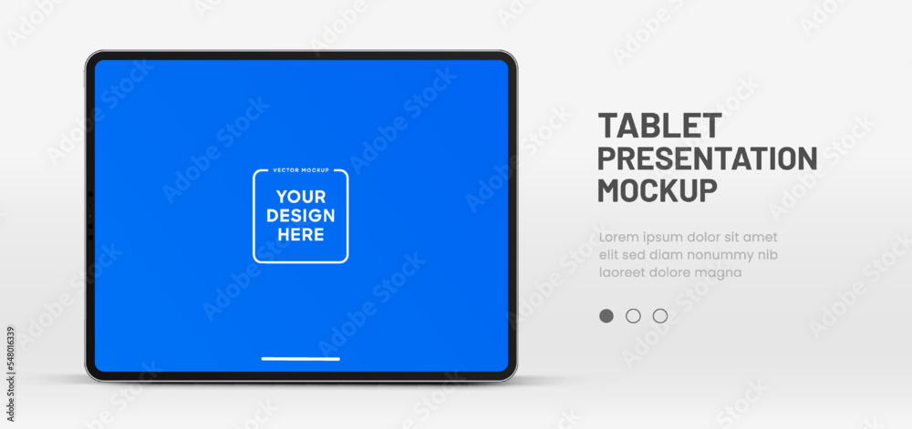 Poster 3D Tablet frame less blank screen. Empty screen device tablet mockup element. Can be used for mobile app, UI UX, business presentations. High quality EPS10 ultra realistic tablet with editable screen