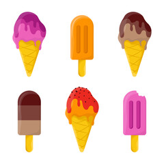Colourful ice-cream vector illustrations set..Pink, yellow, orange, red and brown ice-cream cones and popsicles on white background. Summer, heat, refreshment concept.