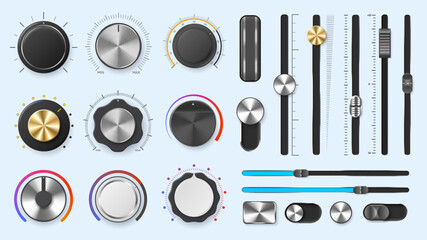 Audio mixer dials. Volume adjustment levels metal knobs and slider regulators, round and line amplify controllers vector set