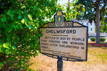 Sign of Chelmsford History at Central Square in town center of Chelmsford, Massachusetts MA, USA. 