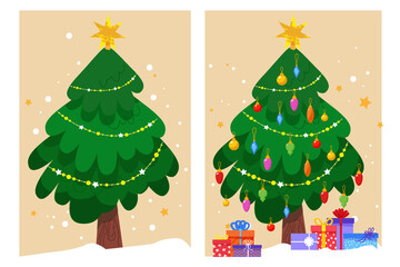Christmas tree before and after decoration. Decoration balls, bow and light bulb chain decorated christmas tree. Happy New Year. Winter holidays. Flat style