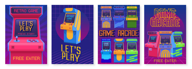 Retro gaming posters. Arcade game event invitation flyer, lets play poster with old gaming machines vector set © WinWin