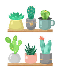 Potted succulent plants vector illustrations set. Pastel-coloured succulents and cacti in pots standing on shelves on white background. Potted Plant, succulent, interior concept