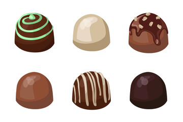 Glazed chocolate candies vector illustrations set. Collection of cartoon drawings of delicious sweets with colorful icing isolated on white background. Food, desserts, confectionary concept