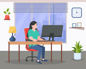 Fototapeta na wymiar Casual person using laptop on sofa, flat illustration of work from home
