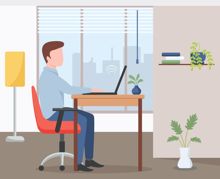 Casual person using laptop on sofa, flat illustration of work from home