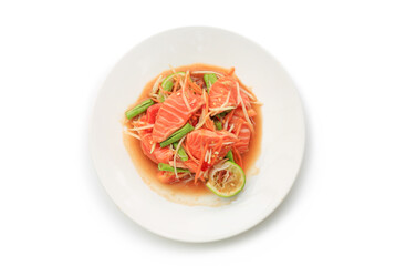 Salmon papaya salad in dish isolated on white background. Top view Image with Clipping path.