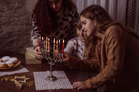 family celebration of the Jewish holiday Hanukkah  at home