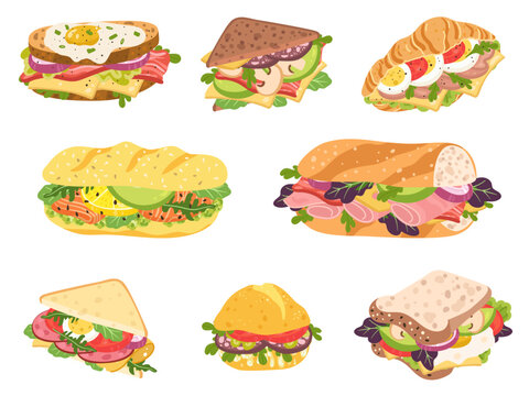 Cartoon sandwich. Delicious panini with vegetables, salmon and meat. Crispy toast, croissant and bun sandwiches vector set