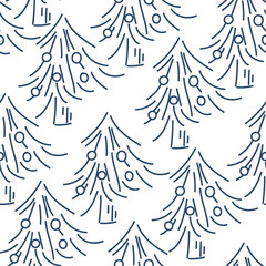 Vector. Hand drawn seamless christmas pattern, linear christmas tree on pastel background. Design templates for typographic products. Minimalism for branding, cover, postcard, wrapping paper.