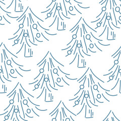 Obraz premium Vector. Hand drawn seamless christmas pattern, linear christmas tree on pastel background. Design templates for typographic products. Minimalism for branding, cover, postcard, wrapping paper.
