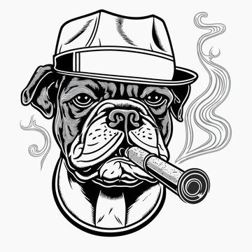 Drawing of a smoking bulldog wearing a cap on white background