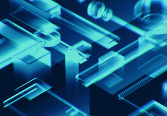 Abstract 3d blue blockchain isometric digital technology texture background.