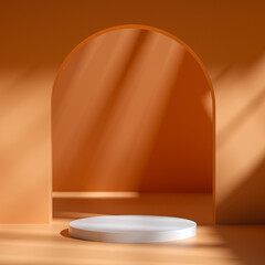 White cylindrical podium in an orange room with shadows on the wall - 3D rendering