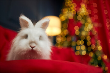 Front view of cute, furry rabbit sitting on red sofa in studio. Animal, symbol of new year looking at camera, posing in decorated room. Concept of new year and christmas.
