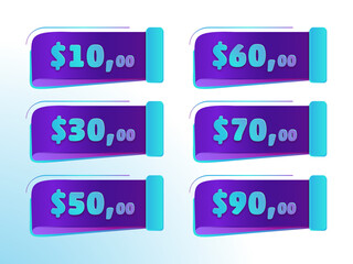 Price tag vector collection. Dark purple stickers illustration with blue numbers