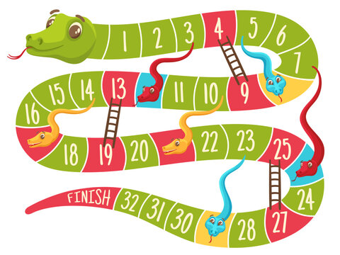 Snake and ladders game. Level grid board with cute color snakes for kids games, fun to play labyrinth vector Illustration