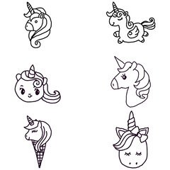 Set of unicorns drawing doodle.