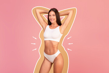 Slimming Concept. Happy Woman In Underwear With Fat Silhouette Outlines Around Body