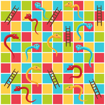 Snake And Ladders Grid. Color Tiles Game Board With Cute Snakes And Ladder To Rise Abstract Vector Illustration