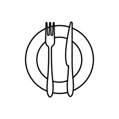 Fork, knife and plate line icon. Traditional cutlery, tableware or kitchenware. Vector Illustration 