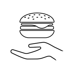 Hand and cheeseburger line icon. Serving of hamburger topped with cheese. Vector Illustration