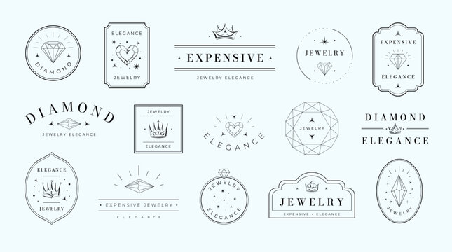 Jewelry emblems. Elegance diamond label template, luxury gemstone emblem and premium minimalistic frame vector set