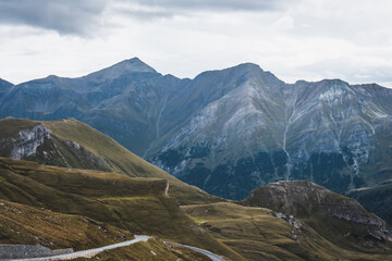 View of the Austrian Alps on the Grossglockner. Sunny day in the mountains. Landscape and srpentine road.