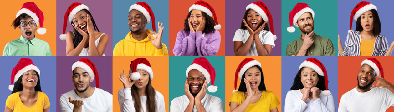 Mosaic With Happy Multiethnic People In Santa Hats Posing Over Multicolored Background
