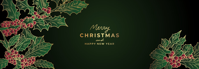 Luxury golden Christmas banner template with holly tree branches. Golden fancy New Year background with floral elements
