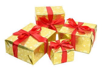 luxury Christmas gifts - boxes packed in golden paper and tied with a red satin ribbon on a transparent background.