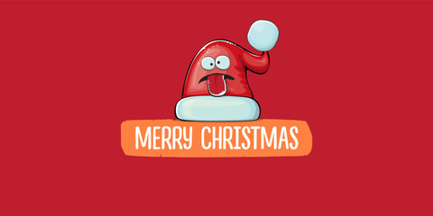 Vector cartoon Santa Claus red hat with smile face isolated on red horizontal bannner background. Merry Christmas greeting banner with funny monster Santa Claus hat. Santa hat