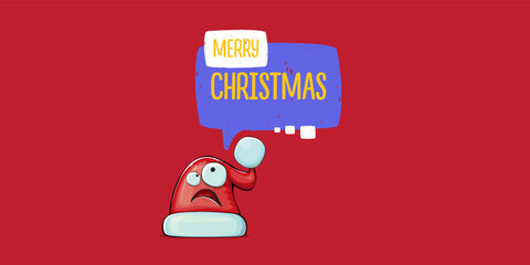 Vector cartoon Santa Claus red hat with smile face isolated on red horizontal bannner background. Merry Christmas greeting banner with funny monster Santa Claus hat. Santa hat