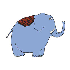 Blue big Indian elephant with a blanket set with a raised trunk funny fat
