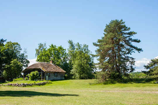 old wooden residential house with a thatched roof and a wooden barn in a green meadow under a blue sky.