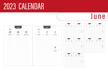 Kalendarz 2023 kalendarium nowy rok planner lata czas planować książka wydruk wektor styczeń luty marzec kwiecień maj czerwiec lipiec sierpień wrzesień listopad grudzień - obrazy, fototapety, plakaty