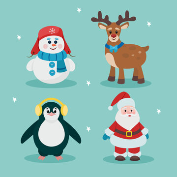 New Year's set. Santa Claus, reindeer, snowman, penguin. Card. Attributes of Christmas and New Year. Flat vector illustration. Symbols of the new year.