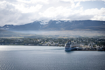 Cruise liner in harbour of Akureyri in Iceland