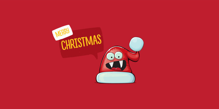 Vector cartoon Santa Claus red hat with smile face isolated on red horizontal bannner background. Merry Christmas greeting banner with funny monster Santa Claus hat. Santa hat