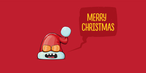 Vector cartoon Santa Claus red hat with smile face isolated on red horizontal bannner background. Merry Christmas greeting banner with funny monster Santa Claus hat. Santa hat