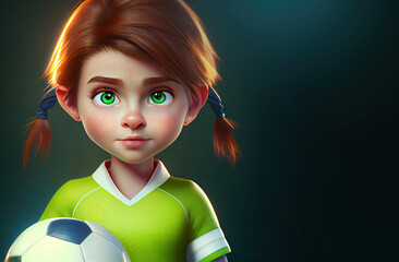 braided red head hair young beautiful generic girl character portrait in football soccer uniform holding a ball with copyspace, digital painting in 3D cartoon movies style