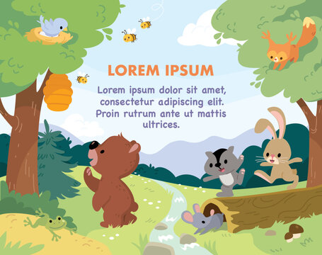 Vector cartoon animals that live in the forest. Forest fauna. Comic characters of woods inhabitants. Bear stare at the hive looking for honey. Different animals on green lawn.