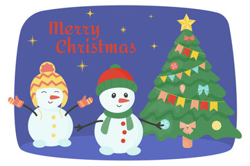 Illustration of a decorated Christmas tree with cheerful snowmen, stars on a blue background. Vector illustration of a Christmas tree and snowmen.