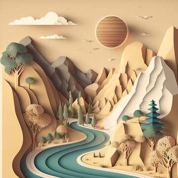 Beautiful illustration of a papercut light brown landscape  of the nature with big mountains, green trees, very big sun and a big lake