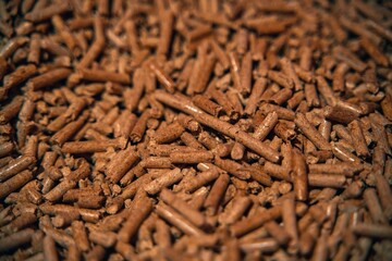 Wooden pellets storage. Alternative fuel concept. Heating household with renewable eco energy. Pressed sawdust for warming water and interiors.