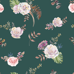 Fototapeta premium Seamless watercolor pattern with a flowers of roses and tropical herbarium in Boho style painted in watercolor for textile and fabrics