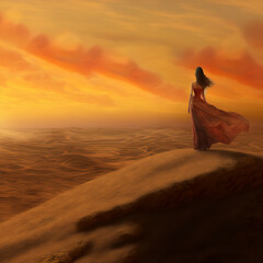 Beautiful woman in  meditation  with long hair standing on a top of desert sand dunes Sahara at sunrise with long flying  dress  generative ai   