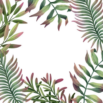 Frame of watercolor leaf branches. Hand drawn watercolor illustration