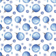 Fototapeta na wymiar Seamless Christmas and New Year Background. Pattern with Blue Christmas Balls. 